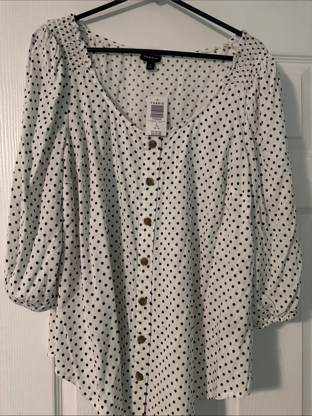 torrid White Black Polka Dot Button-Front Peasant Blouse